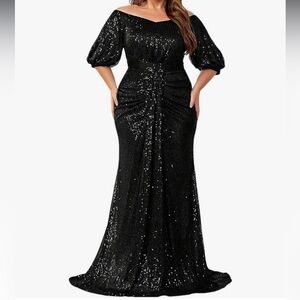 Off Shoulder Puff Sleeve Sequin Formal Dress